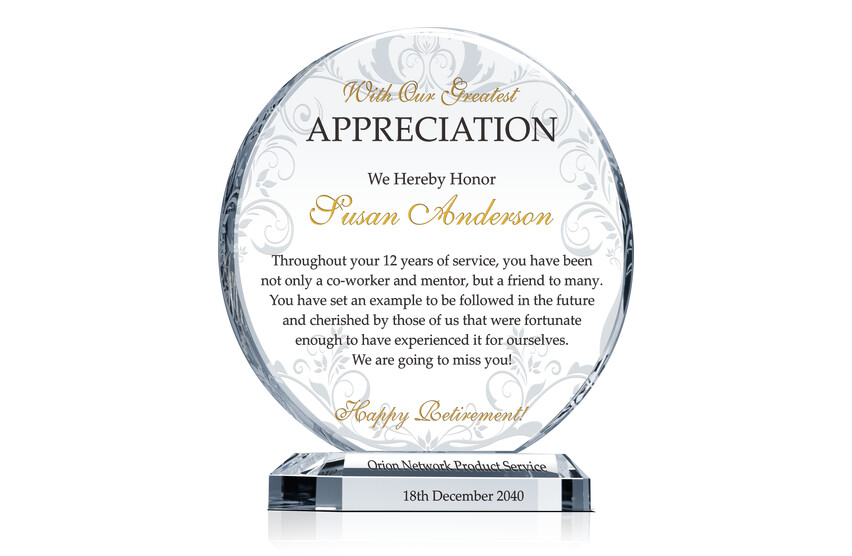 Circle Shaped Crystal Retirement Award Plaque