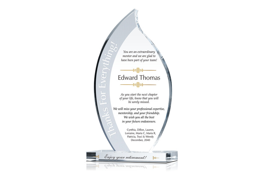 Flame Shaped Crystal Retirement Award Plaque